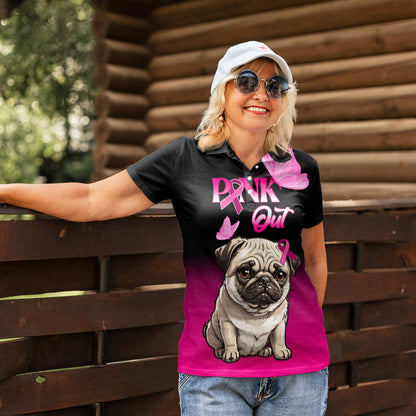 Personalised Pink Out Women Polo Shirt Pug Dog Breast Cancer Support