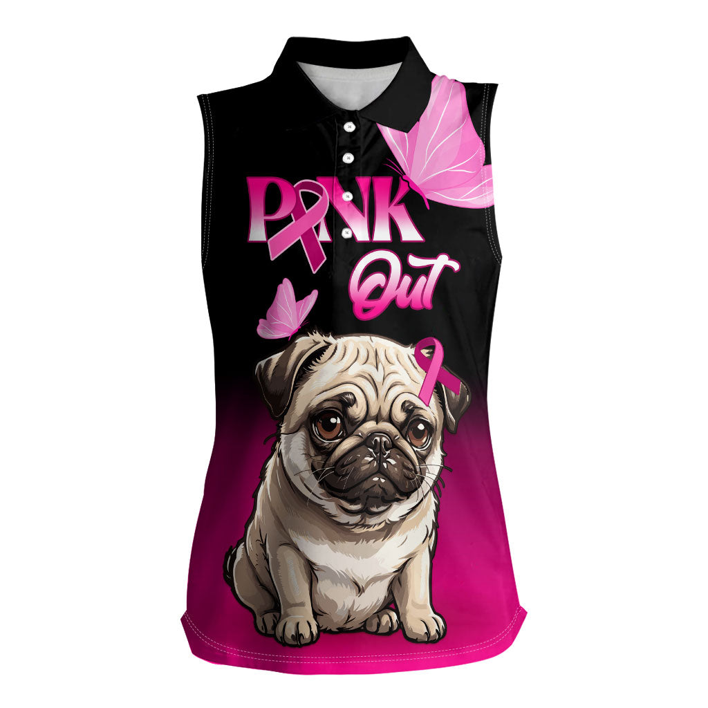 Personalised Pink Out Women Sleeveless Polo Shirt Pug Dog Breast Cancer Support