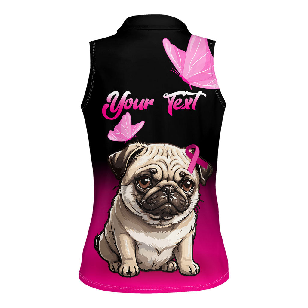 Personalised Pink Out Women Sleeveless Polo Shirt Pug Dog Breast Cancer Support