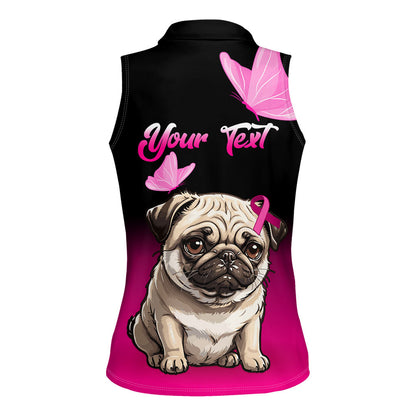 Personalised Pink Out Women Sleeveless Polo Shirt Pug Dog Breast Cancer Support