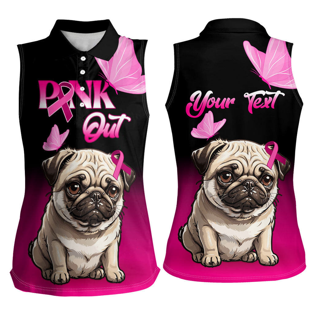 Personalised Pink Out Women Sleeveless Polo Shirt Pug Dog Breast Cancer Support