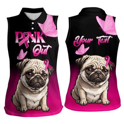 Personalised Pink Out Women Sleeveless Polo Shirt Pug Dog Breast Cancer Support