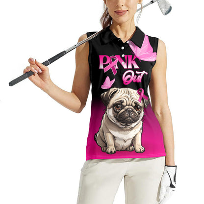 Personalised Pink Out Women Sleeveless Polo Shirt Pug Dog Breast Cancer Support