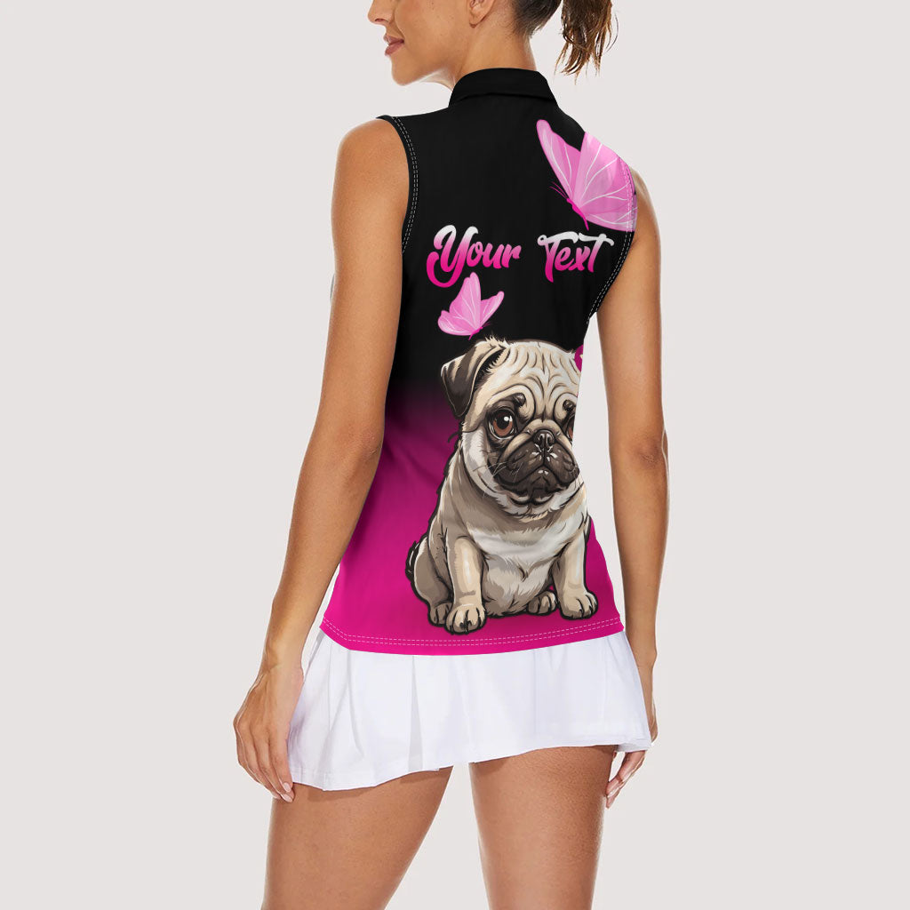 Personalised Pink Out Women Sleeveless Polo Shirt Pug Dog Breast Cancer Support