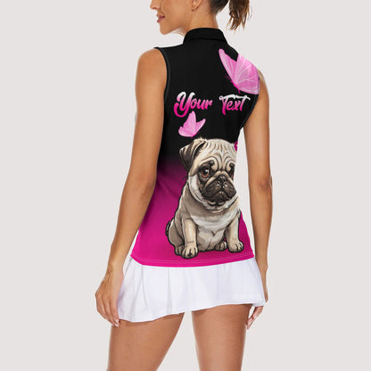 Personalised Pink Out Women Sleeveless Polo Shirt Pug Dog Breast Cancer Support