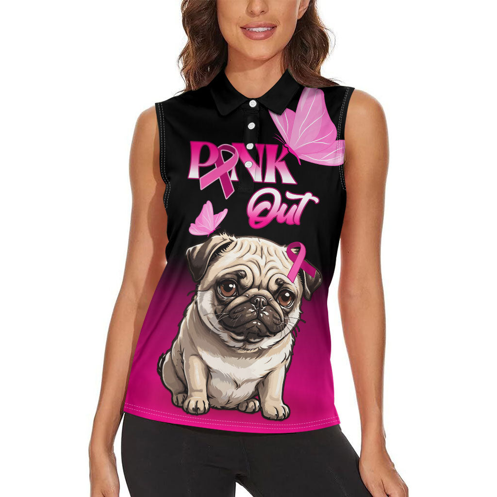 Personalised Pink Out Women Sleeveless Polo Shirt Pug Dog Breast Cancer Support