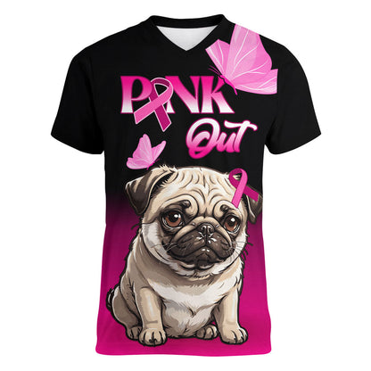 Personalised Pink Out Women V-Neck T-Shirt Pug Dog Breast Cancer Support