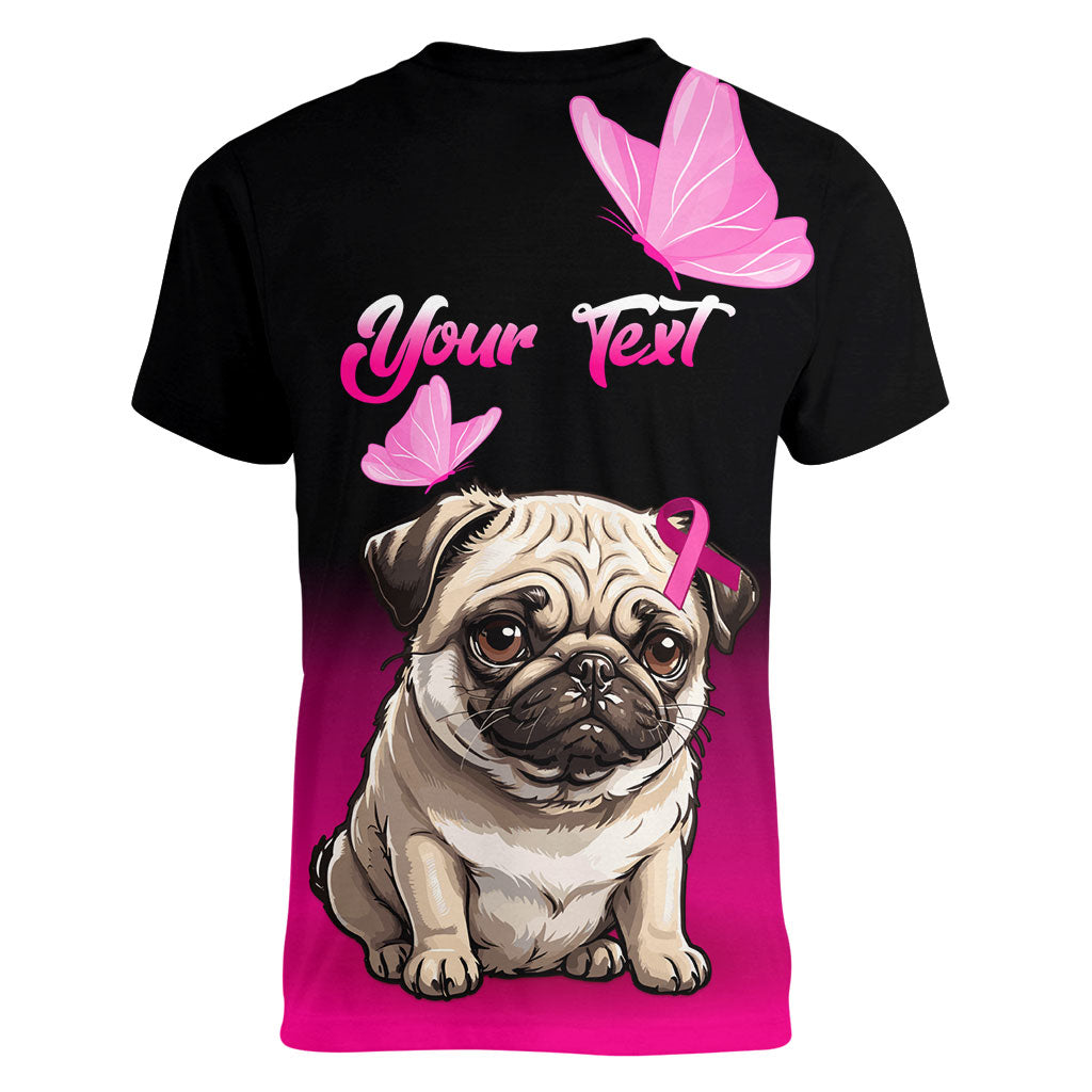 Personalised Pink Out Women V-Neck T-Shirt Pug Dog Breast Cancer Support