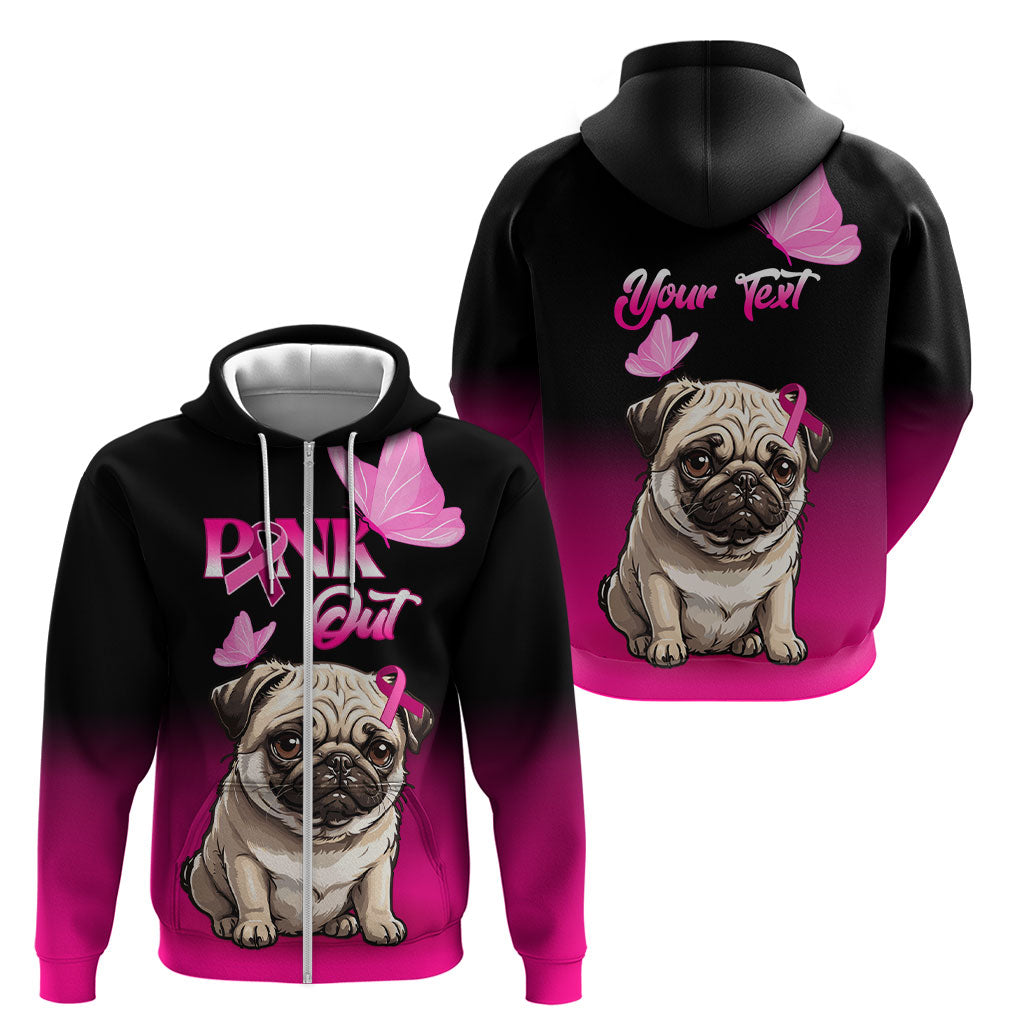 Personalised Pink Out Zip Hoodie Pug Dog Breast Cancer Support