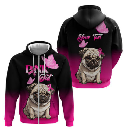 Personalised Pink Out Zip Hoodie Pug Dog Breast Cancer Support