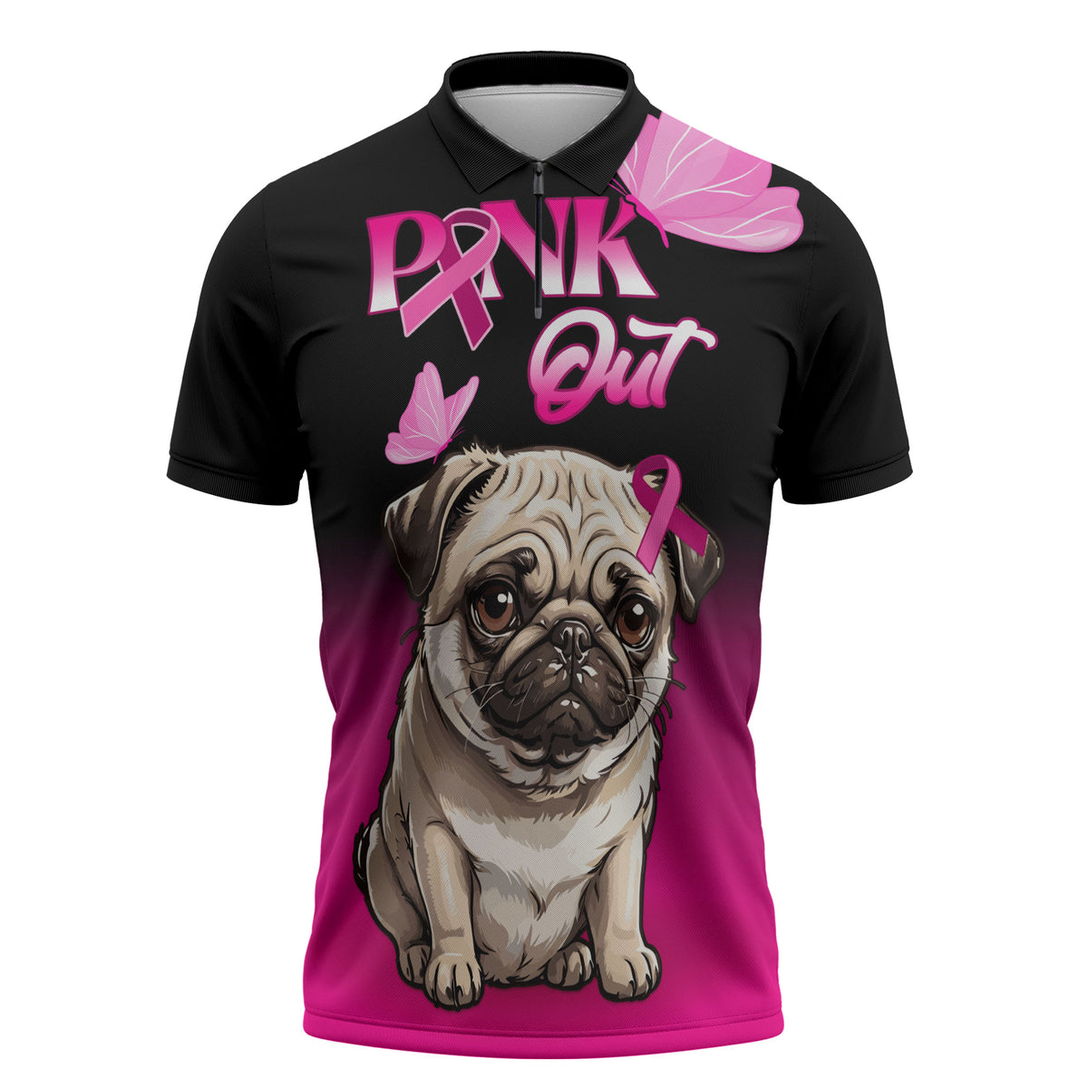 Personalised Pink Out Zipper Polo Shirt Pug Dog Breast Cancer Support