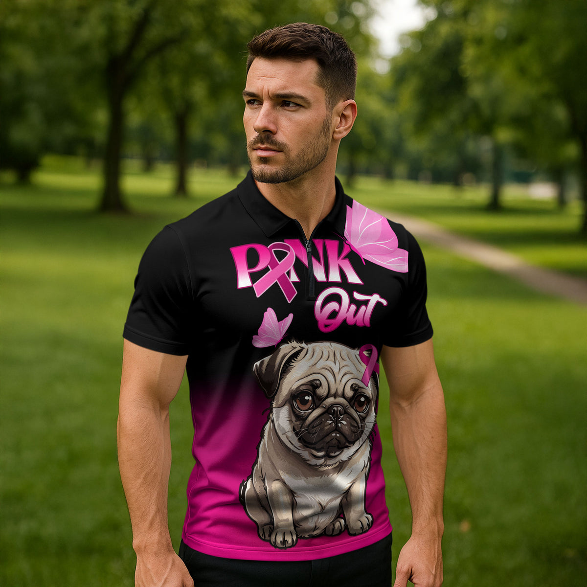 Personalised Pink Out Zipper Polo Shirt Pug Dog Breast Cancer Support