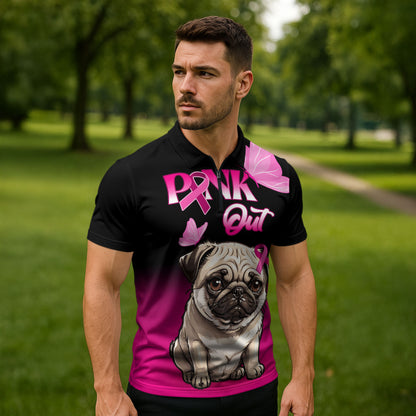 Personalised Pink Out Zipper Polo Shirt Pug Dog Breast Cancer Support