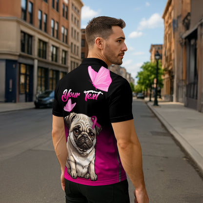 Personalised Pink Out Zipper Polo Shirt Pug Dog Breast Cancer Support