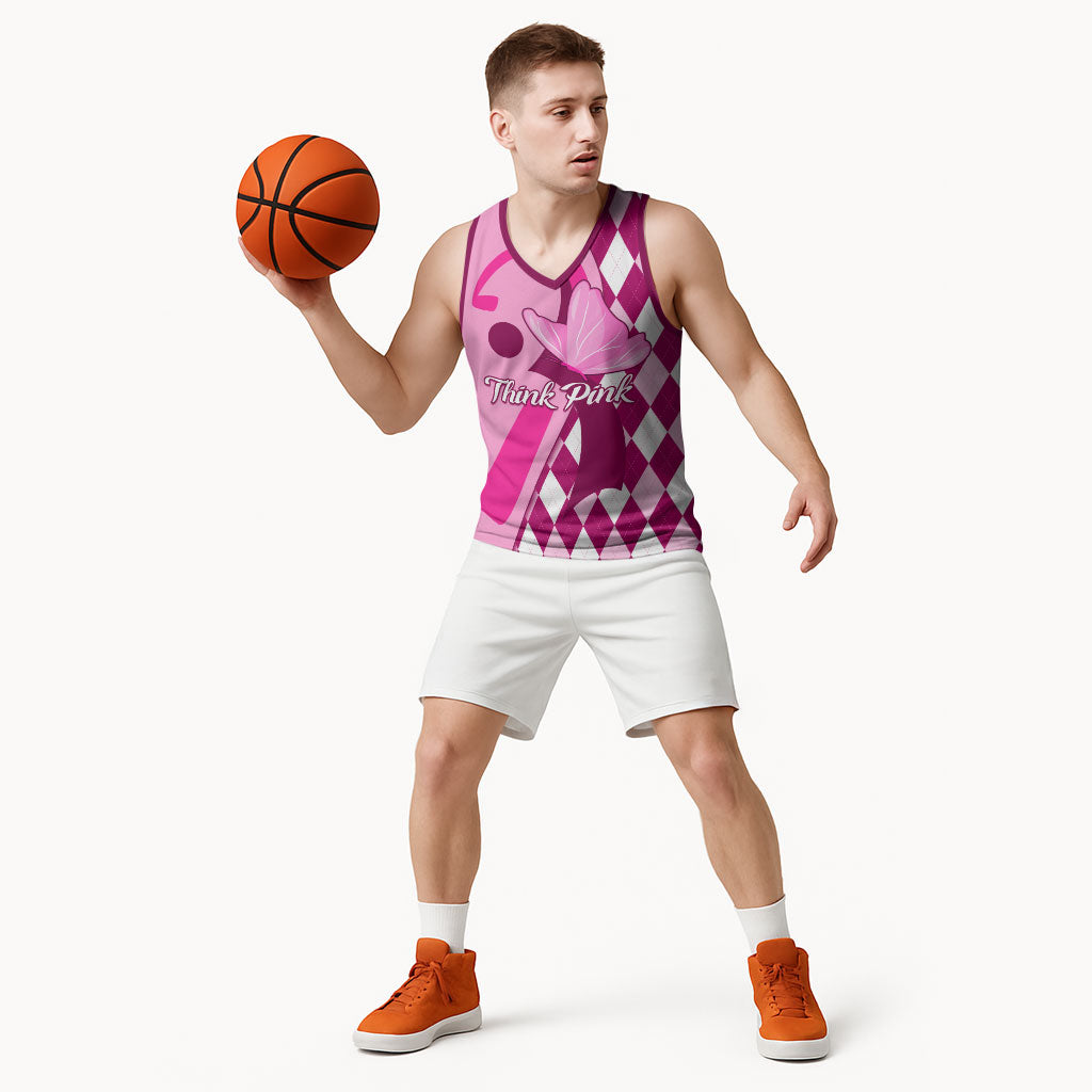 Personalised Think Pink Basketball Jersey Golf Argyle Pattern Breast Cancer Support