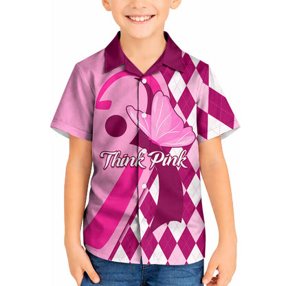 Personalised Think Pink Kid Hawaiian Shirt Golf Argyle Pattern Breast Cancer Support