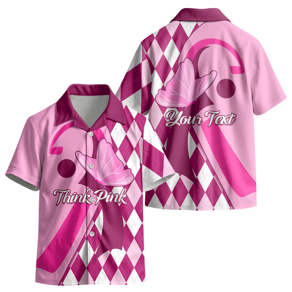 Personalised Think Pink Kid Hawaiian Shirt Golf Argyle Pattern Breast Cancer Support