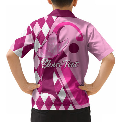 Personalised Think Pink Kid Hawaiian Shirt Golf Argyle Pattern Breast Cancer Support