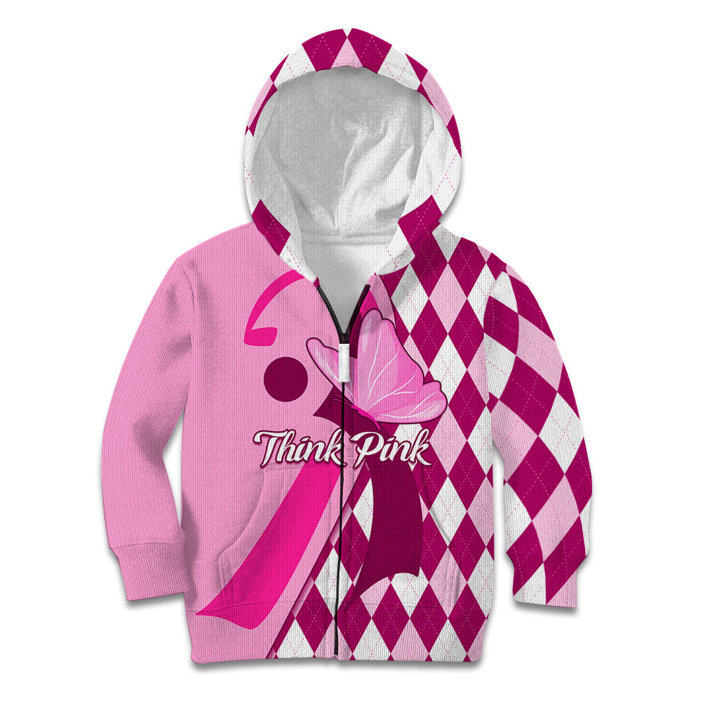 Personalised Think Pink Kid Hoodie Golf Argyle Pattern Breast Cancer Support