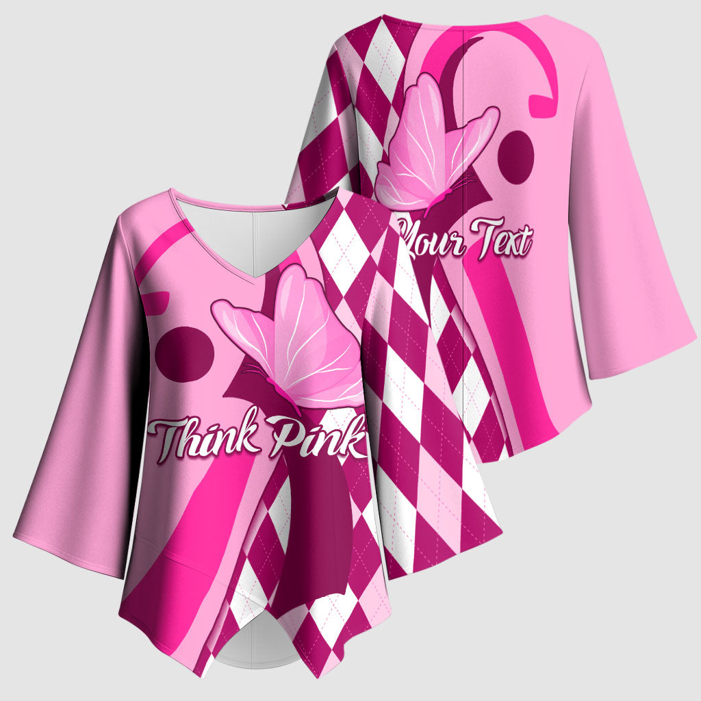 Personalised Think Pink Kimono Sleeve Blouse Golf Argyle Pattern Breast Cancer Support
