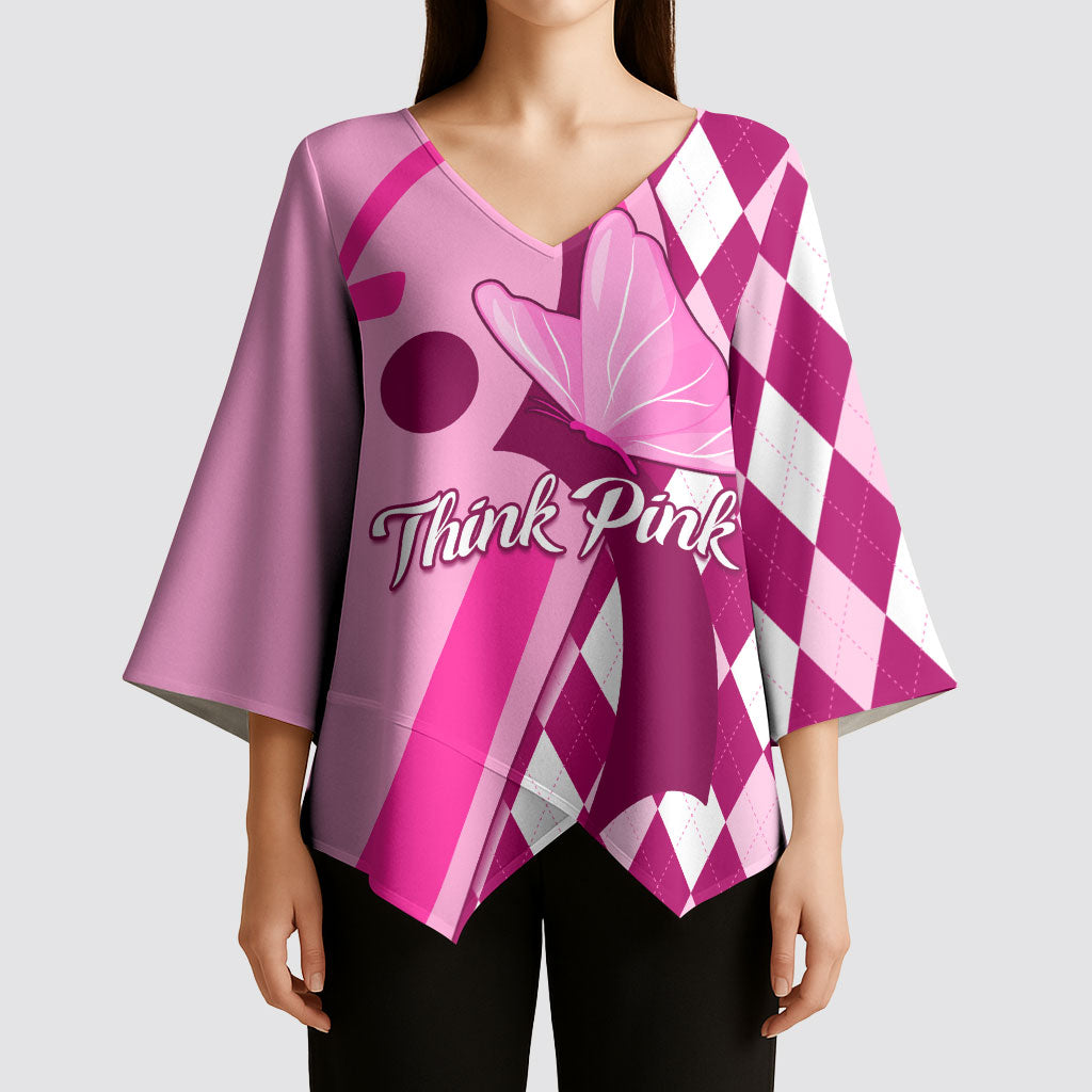 Personalised Think Pink Kimono Sleeve Blouse Golf Argyle Pattern Breast Cancer Support