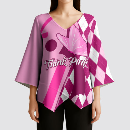 Personalised Think Pink Kimono Sleeve Blouse Golf Argyle Pattern Breast Cancer Support