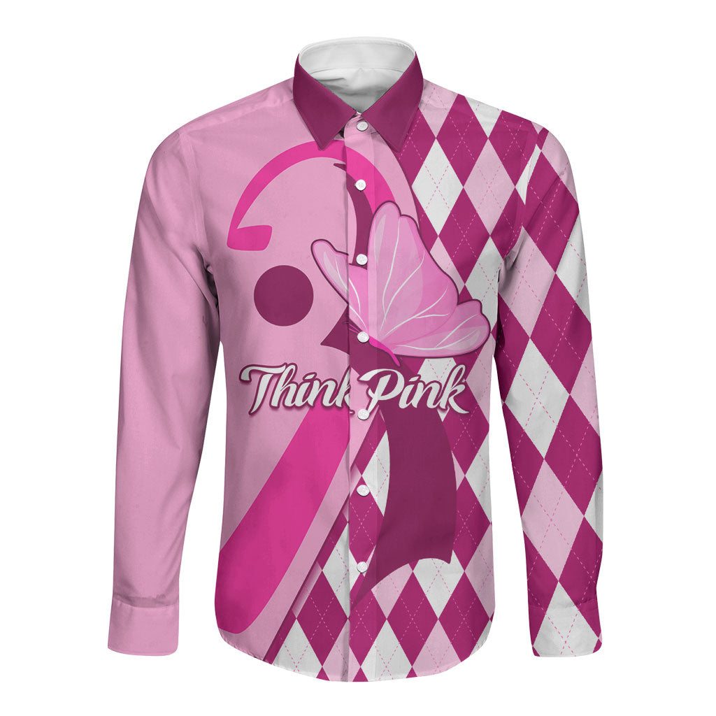 Personalised Think Pink Long Sleeve Button Shirt Golf Argyle Pattern Breast Cancer Support