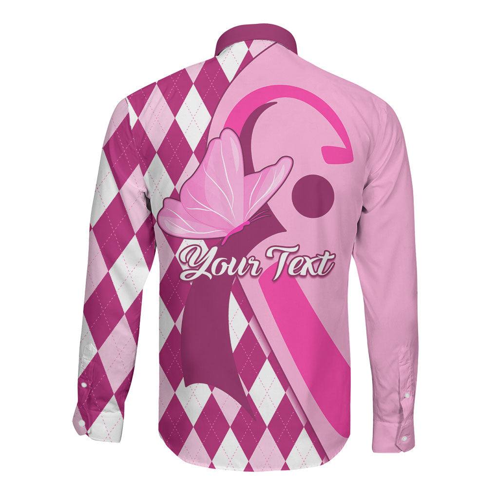 Personalised Think Pink Long Sleeve Button Shirt Golf Argyle Pattern Breast Cancer Support