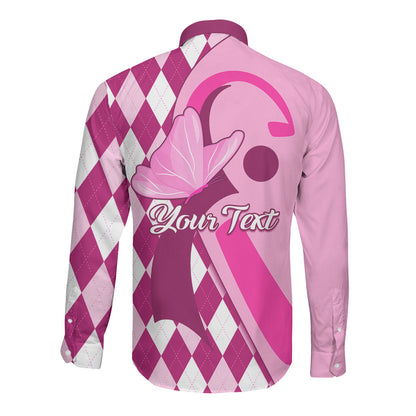 Personalised Think Pink Long Sleeve Button Shirt Golf Argyle Pattern Breast Cancer Support