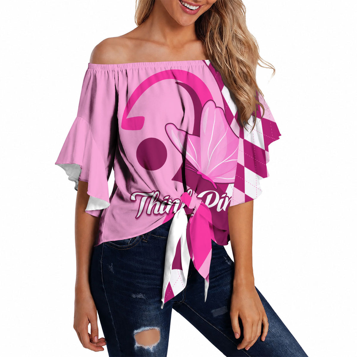 Personalised Think Pink Off Shoulder Wrap Waist Top Golf Argyle Pattern Breast Cancer Support