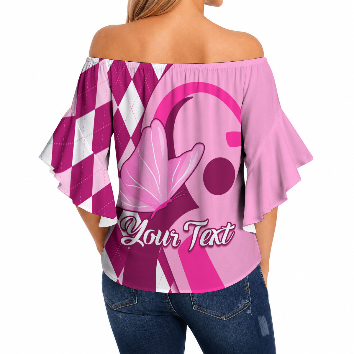 Personalised Think Pink Off Shoulder Wrap Waist Top Golf Argyle Pattern Breast Cancer Support