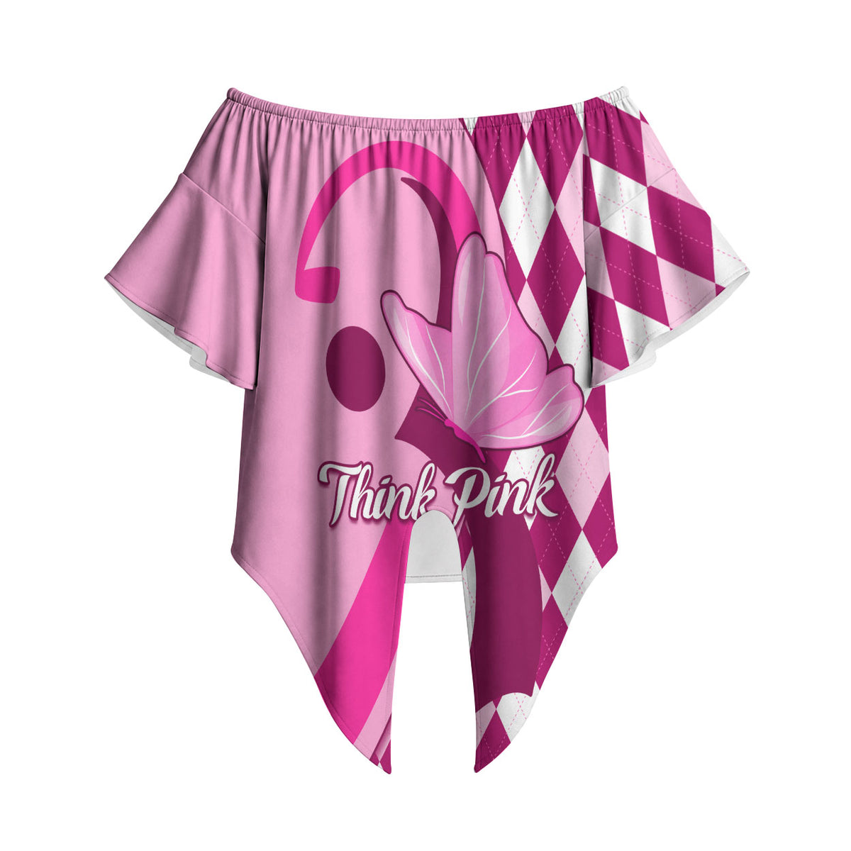 Personalised Think Pink Off Shoulder Wrap Waist Top Golf Argyle Pattern Breast Cancer Support