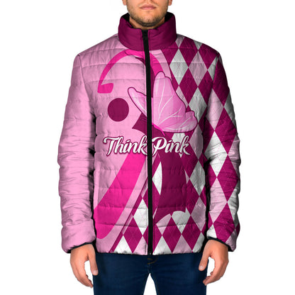 Personalised Think Pink Padded Jacket Golf Argyle Pattern Breast Cancer Support