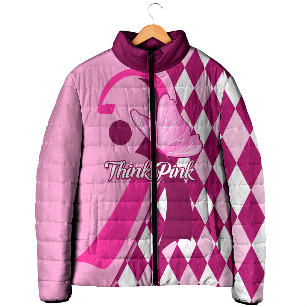 Personalised Think Pink Padded Jacket Golf Argyle Pattern Breast Cancer Support