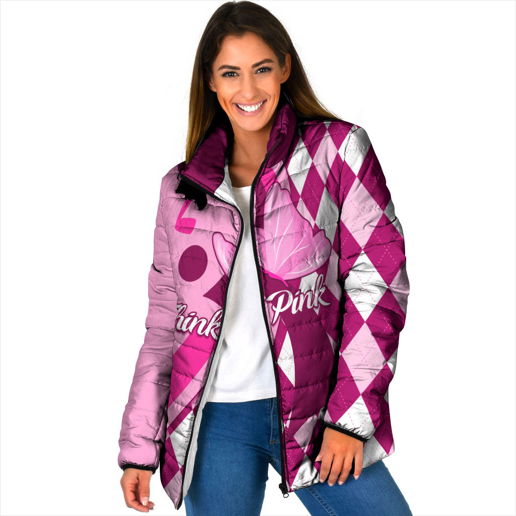 Personalised Think Pink Padded Jacket Golf Argyle Pattern Breast Cancer Support
