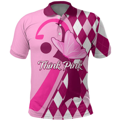 Personalised Think Pink Polo Shirt Golf Argyle Pattern Breast Cancer Support