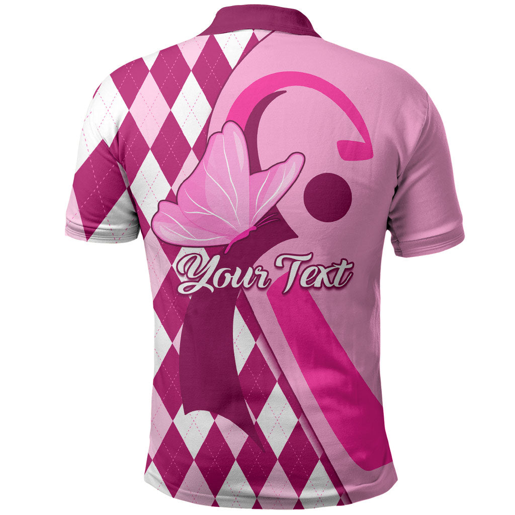 Personalised Think Pink Polo Shirt Golf Argyle Pattern Breast Cancer Support