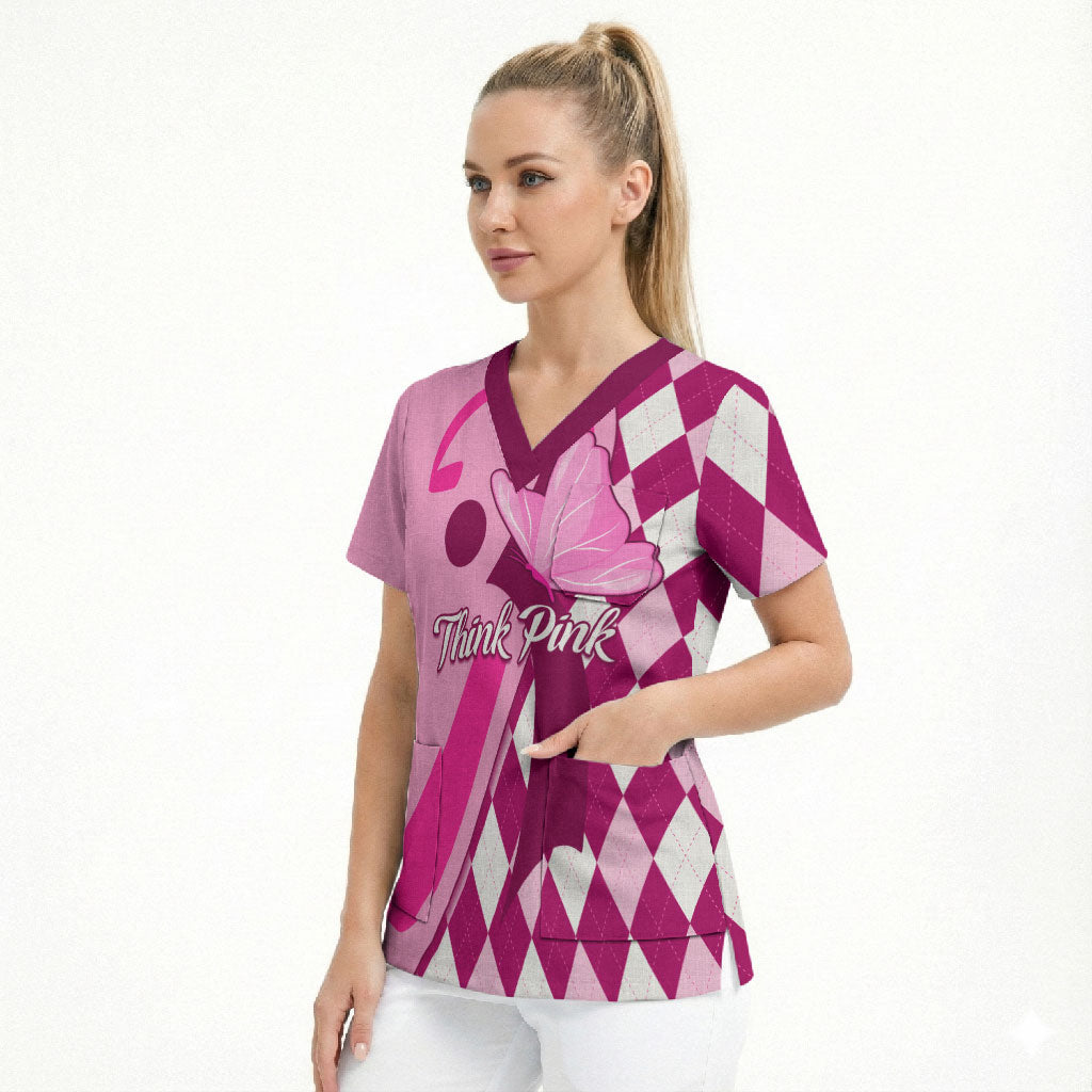 Personalised Think Pink Scrub Top Golf Argyle Pattern Breast Cancer Support