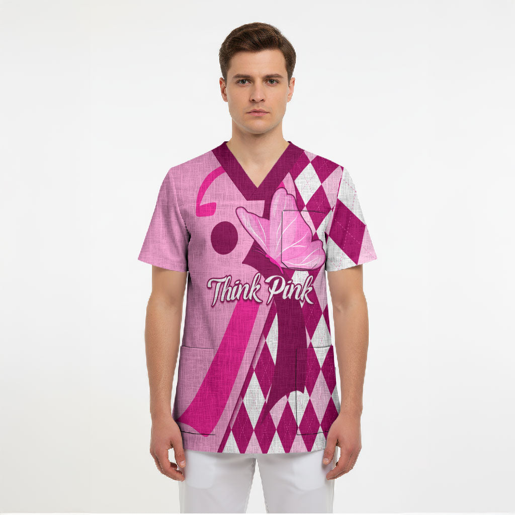 Personalised Think Pink Scrub Top Golf Argyle Pattern Breast Cancer Support