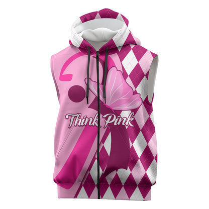 Personalised Think Pink Sleeveless Zip Hoodie Golf Argyle Pattern Breast Cancer Support