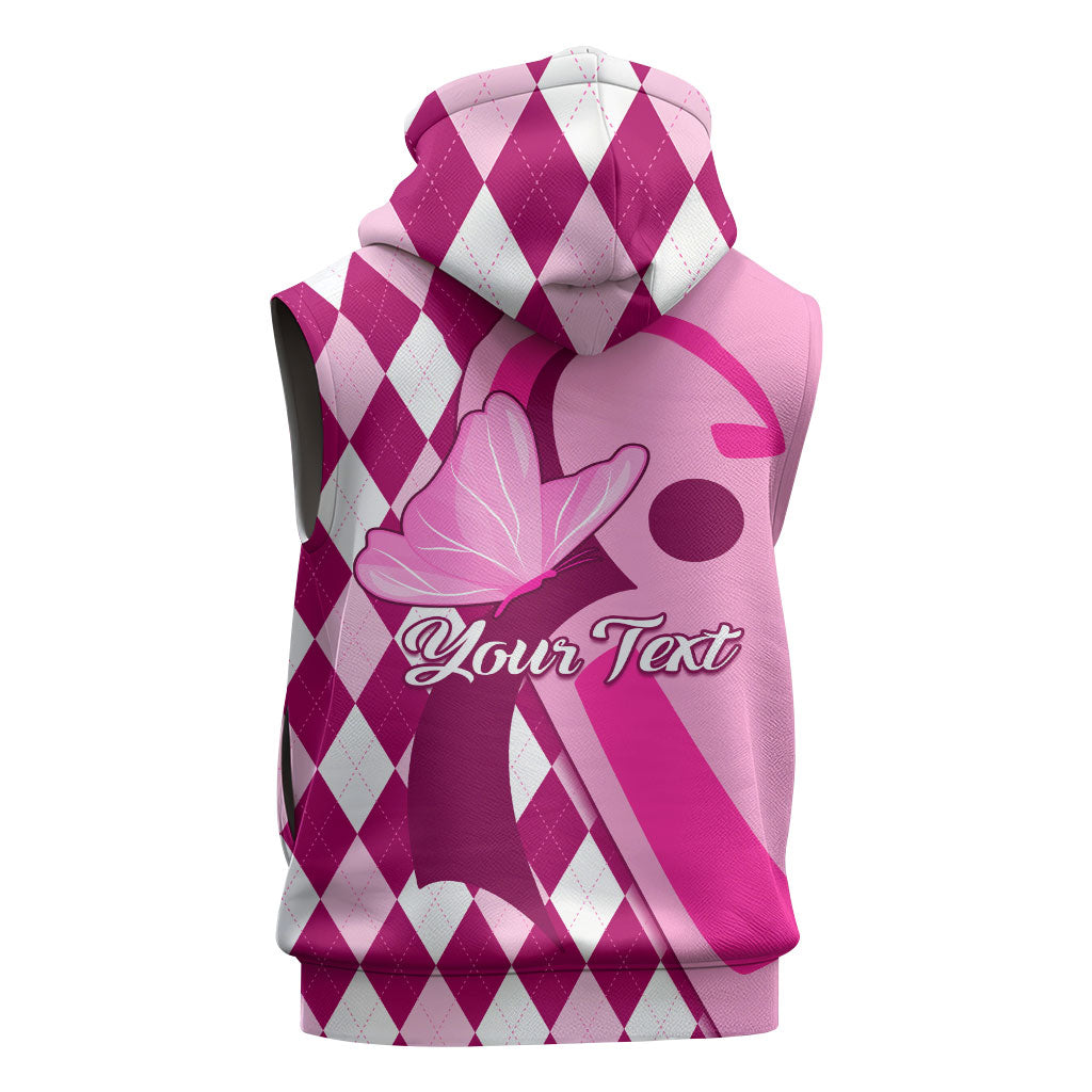 Personalised Think Pink Sleeveless Zip Hoodie Golf Argyle Pattern Breast Cancer Support