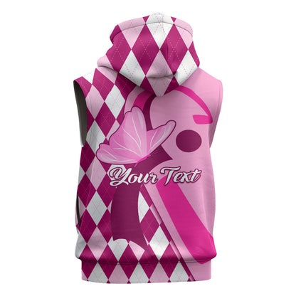 Personalised Think Pink Sleeveless Zip Hoodie Golf Argyle Pattern Breast Cancer Support