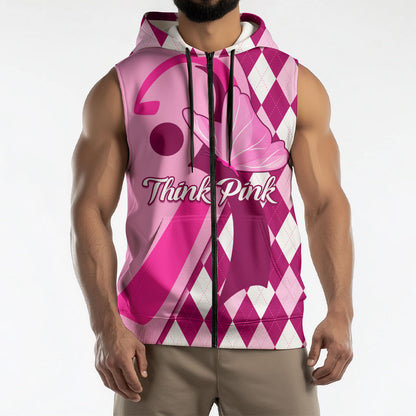 Personalised Think Pink Sleeveless Zip Hoodie Golf Argyle Pattern Breast Cancer Support