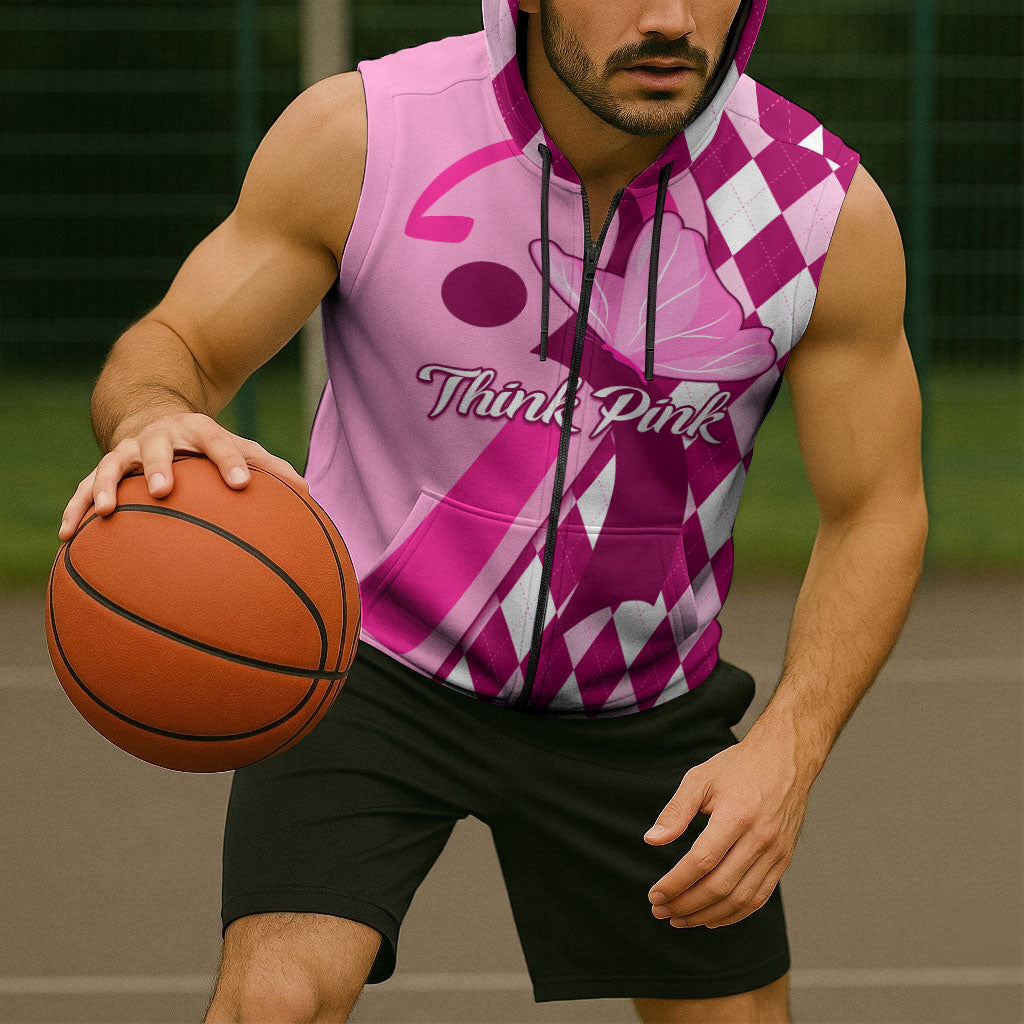 Personalised Think Pink Sleeveless Zip Hoodie Golf Argyle Pattern Breast Cancer Support