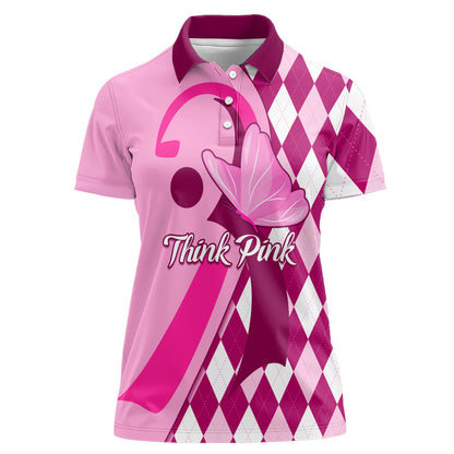 Personalised Think Pink Women Polo Shirt Golf Argyle Pattern Breast Cancer Support