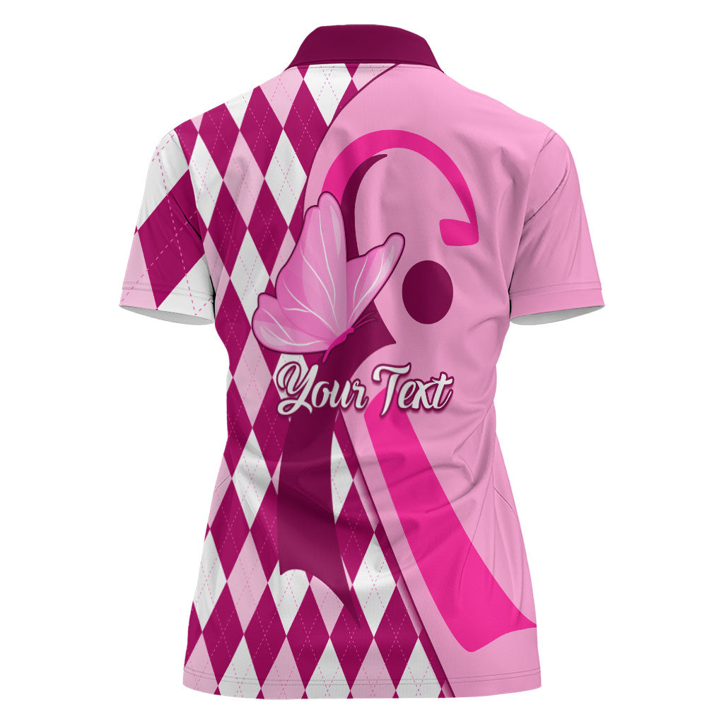 Personalised Think Pink Women Polo Shirt Golf Argyle Pattern Breast Cancer Support