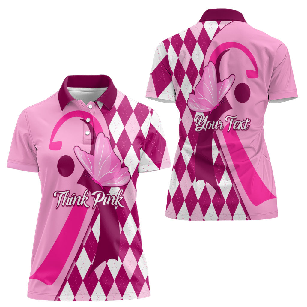 Personalised Think Pink Women Polo Shirt Golf Argyle Pattern Breast Cancer Support
