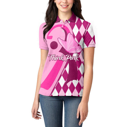Personalised Think Pink Women Polo Shirt Golf Argyle Pattern Breast Cancer Support