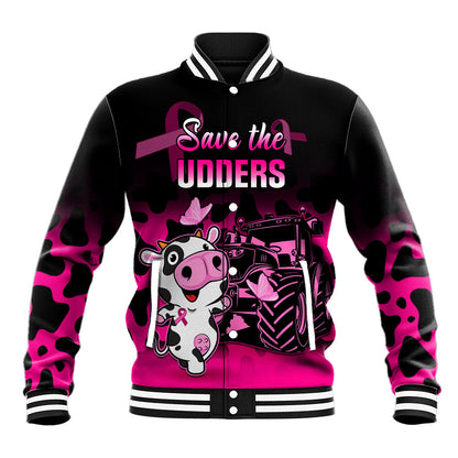 Personalised Save The Udders Baseball Jacket Farmer Day Breast Cancer Support