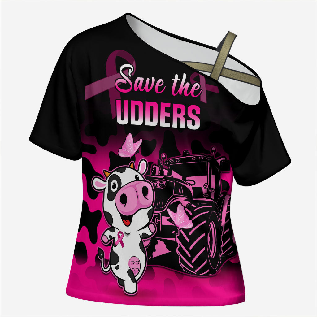 Personalised Save The Udders Cross Shoulder Shirt Farmer Day Breast Cancer Support